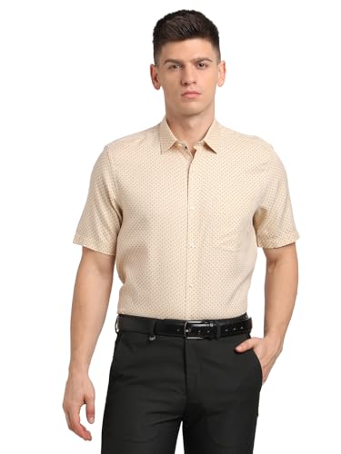 Turtle Men Cotton Tencel Beige Printed Regular Fit Formal Shirt