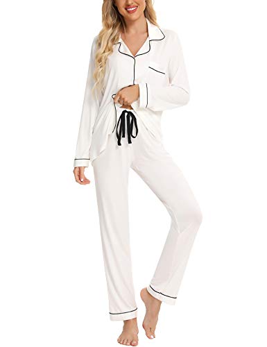 Anjue Pajamas Sleepwear Sets for Wedding White Lounge Set Women's Pajama Set Button Down Sleep Sets Soft Cotton Sleepwear(White,