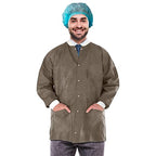 EZgOODZ Disposable Lab Jackets 29 Long Pack of 100 coffee Hip-Length Work gowns Small SMS 50 gsm Shirts with Snaps Front Knit cu