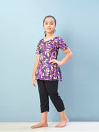 Aarika Girls Sports Wear Purple-Black Colour Floral Print Nylon Swim Suit (5-15 Years)-(Sw-Shm-C-1113)