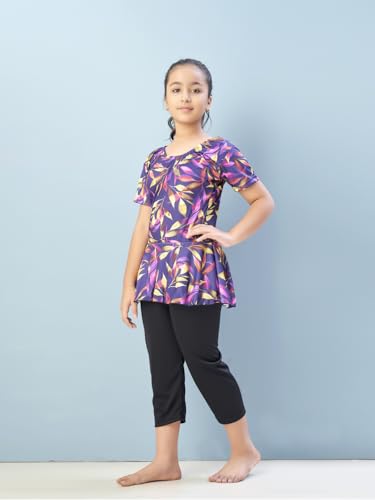 Aarika Girls Sports Wear Purple-Black Colour Floral Print Nylon Swim Suit (5-15 Years)-(Sw-Shm-C-1113)