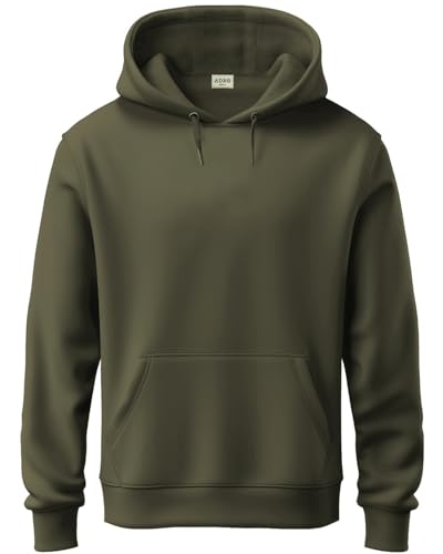 ADRO Men's Cotton Neck Hooded Sweatshirt (H24-PLN-OL-L_Olive)