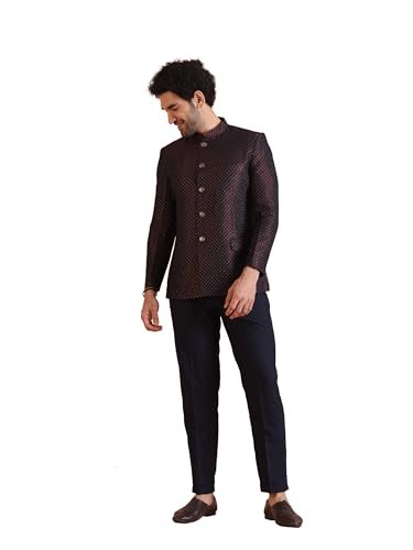 Kisah MenS Jodhpuri Bandhgala-Blazer Trouser Set, Magenta Silk Blend, Woven Design Regular Fit Mandarin Collar Long Sleeves (42