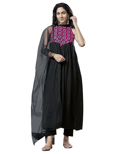 Womanista Women'S Viscose Rayon Solid Regular Flared Kurta With Pant & Dupatta (Kurtaset_1452_Black