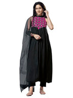 Womanista Women'S Viscose Rayon Solid Regular Flared Kurta With Pant & Dupatta (Kurtaset_1452_Black