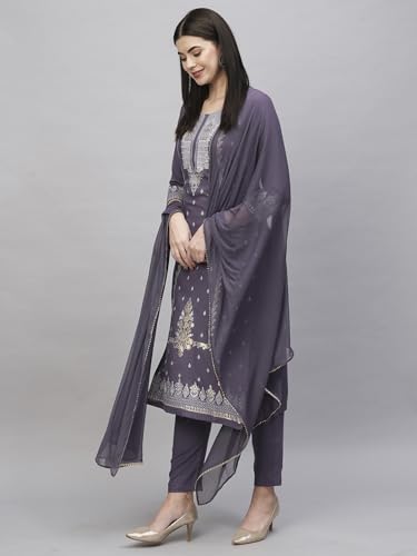 ANNI DESIGNER Womens Cotton Blend Straight Printed Kurta with Pant & Dupatta (Rowan Purple_L_Purple_Large)