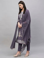 ANNI DESIGNER Womens Cotton Blend Straight Printed Kurta with Pant & Dupatta (Rowan Purple_XL_Purple_X-Large)
