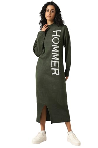 Hubberholme Women Acrylic Knitted Loose Fit High Neck Full Sleeves Bodycon Dresses Olive