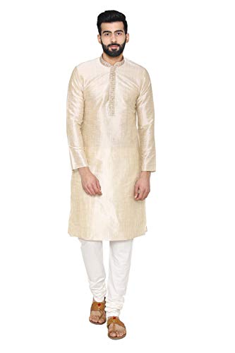 Manyavar MenS Silk Double Pocket Regular Kurta And Churidar Set (S952089_Beige_S)