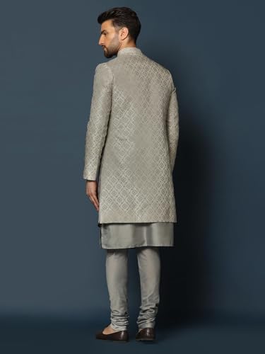 Kisah MenS Grey Indo-Western Kurta Sherwani Churidar Set Cotton Full Sleaves, Knee Length, Straight, Regular Fit, Mandarin Coll