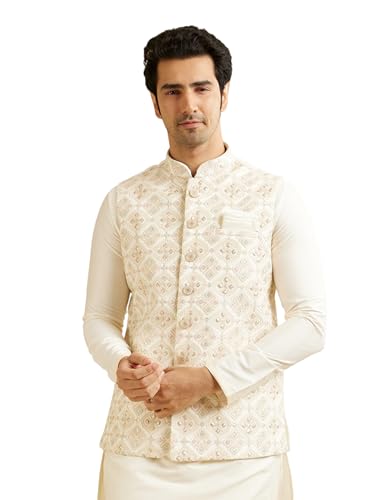 Manyavar MenS Art Silk Digital Print Nehru Jacket (Warm White,Xl)