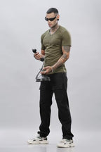 ADRO Mens V Neck Solid Cotton T-Shirt (VN-M-PLN-OL_Olive_XL)