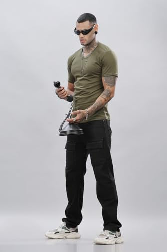 ADRO Mens V Neck Solid Cotton T-Shirt (VN-M-PLN-OL_Olive_XL)