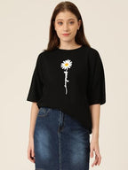 KOTTY Womens Cotton Blend Black Printed Oversized T-Shirts