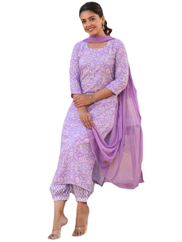 ANNI DESIGNER Womens Rayon Blend Printed Straight Kurta with Pant & Dupatta (WELCO-Purple-NW_L_Purple_Large)