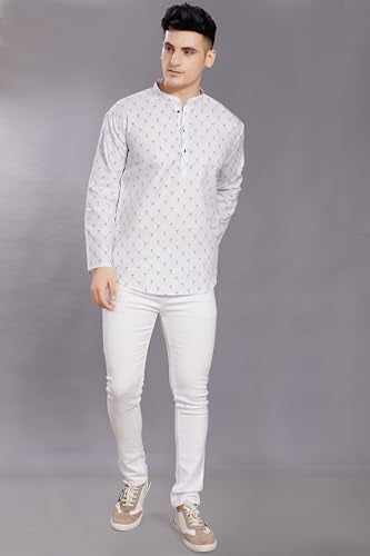 Divisive MenS Pure Cotton Relaxed Fit Printed Short Kurta (Dkrt445_Xl_White)