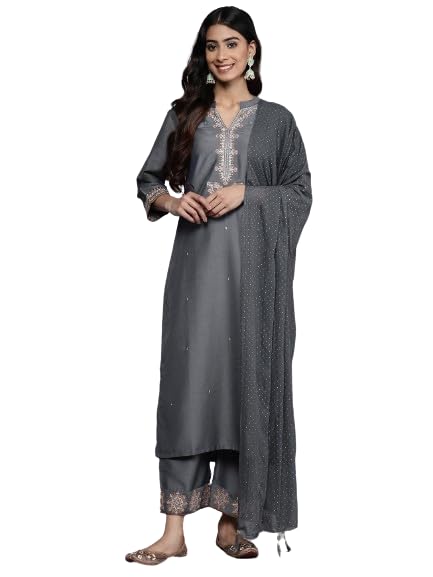 Varanga Women Grey Embroidered Round Neck Straight Kurta With Three Quarter Sleeves Paired With Bottom And Tonal Dupatta.