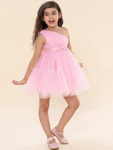 A.T.U.N. (ALL THINGS UBER NICE) Girls One Shoulder Birthday Princess Bow Dress for Kids 1-10Y Pink