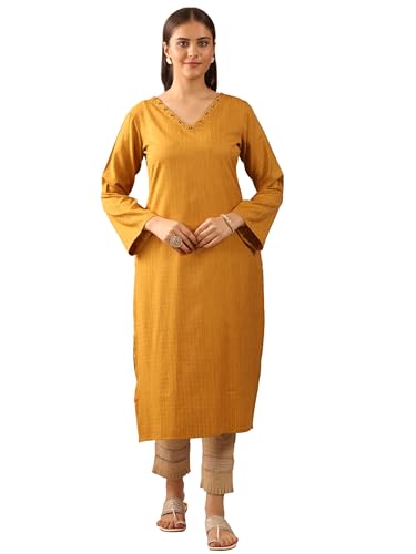 Libas WomenS Rayon Embelllished Straight Kurta (58261_Mustard