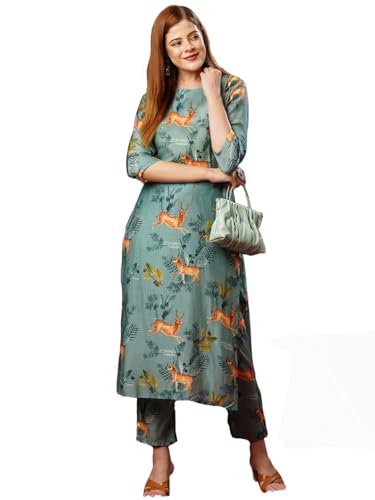 ANNI DESIGNER Womens Cotton Blend Straight Printed Kurta with Pant (Haribala Pista_M_Pista_Medium)