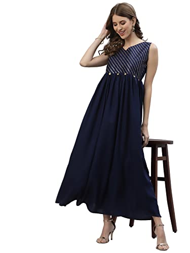 Stylum Women'S Embellished Rayon Pleated Kurta (Navyjhalak40_Navy Blue, L)