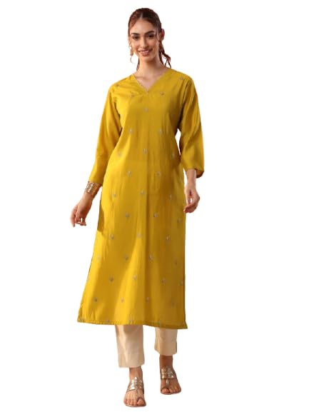 Libas WomenS Silk Blend Embroidered Straight Kurta (58273_Yellow