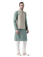 Kisah Men Green Cream Solid Banarasi Kurta With Churidar Nehru Jacket, Full Sleaves, Knee Length, Straight, Regular Fit, Mandari