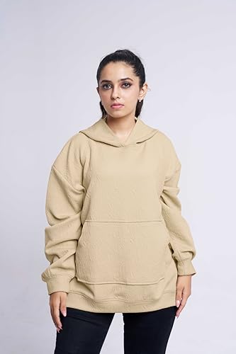 Greciilooks Women Cotton Hooded Neck Solid Regular Fit Hoodie Long Tops Oversized Shirt Beige
