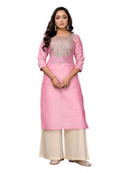 Rangita Light Pink Viscose Blend Straight Embroidered Calf Length Kurti | Kurta For Women_Xl