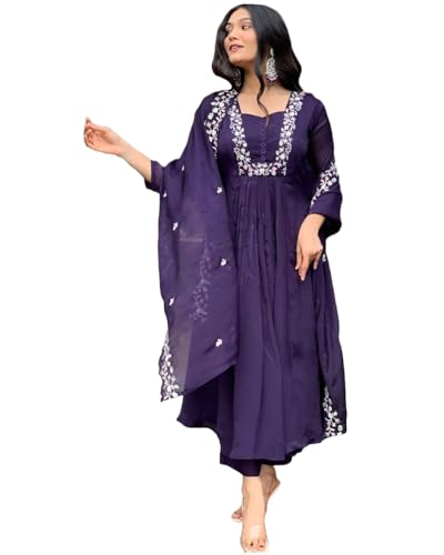 GoSriKi Womens Rayon Blend A-Line Printed Kurta with Pant & Dupatta (VANISRI BEGANI-GS_L_Begani_Large)