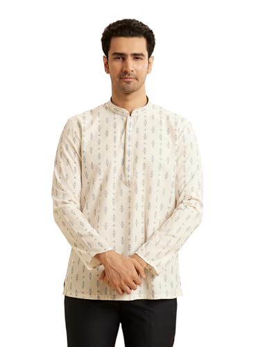 Manyavar MenS Art Silk Printed Regular Fit Casual Short Kurta (White,Xxl)