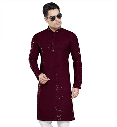 Divisive MenS Sequince Embroidered Cotton Blend Only Kurta (Dkrt4_L_Burgundy)