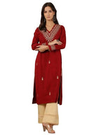 Libas Womens Wool Embroidered Straight Kurta (58287W_Red