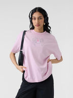 The Souled Store Angel Card Women and Girls Short Sleeves Round Neck Pink Graphic Printed Cotton Oversized T-Shirts