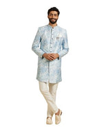 Manyavar MenS Art Silk Printed Kurta Pant Set (Blue,M)