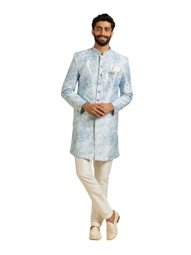 Manyavar MenS Art Silk Printed Kurta Pant Set (Blue,M)