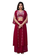Womanista WomenS Georgette Solid Straight Crop Top With Skirt & Jacket (Kurtaset_1388_Fuschia