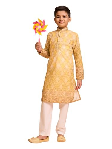 Manyavar Boys Cotton Blend Bandhani Printed & Thread Embroidery Kurta Pyjama Set (Mustard,6-8Y)