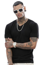 ADRO Mens V Neck Solid Cotton T-Shirt (VN-M-PLN-BL_Black_L)