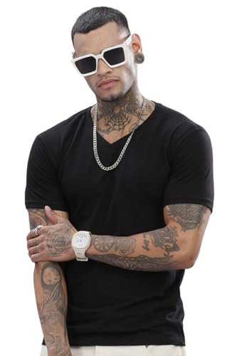ADRO Mens V Neck Solid Cotton T-Shirt (VN-M-PLN-BL_Black_L)