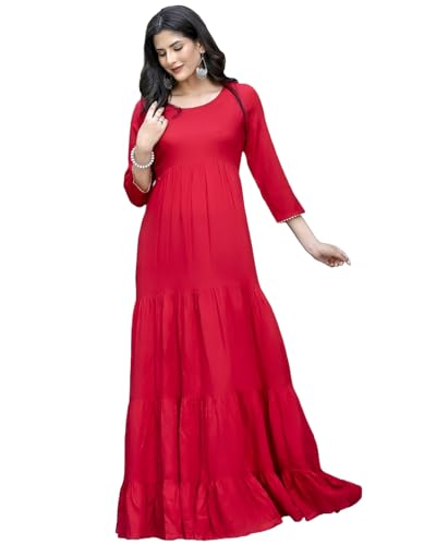 Gosriki WomenS Cotton Blend Solid Traditional Ethnic Long Flared Gown (Shasha Red-Gs_Xl_Red_X-Large)