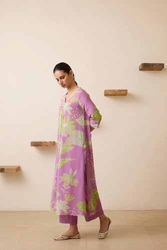 ANNI DESIGNER Womens Cotton Blend Straight Printed Kurta with Pant (Wanda Purple_L_Purple_Large)