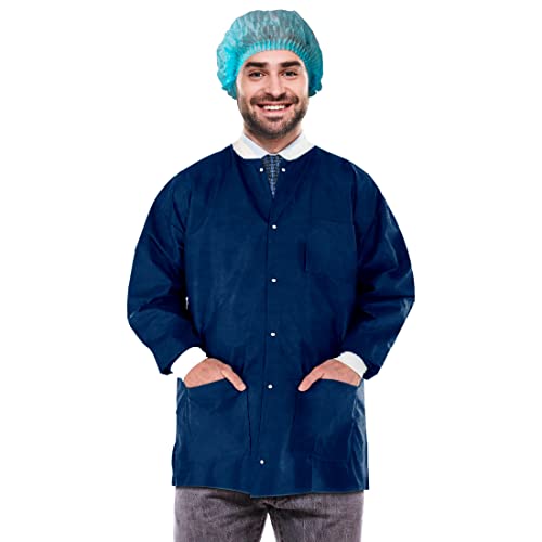 EZgOODZ Disposable Lab Jackets 31 Long Pack of 100 True Blue Hip-Length Work gowns Large SMS 50 gsm Shirts with Snaps Front Knit