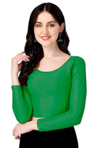 Shiv Textiles Round Neck Dobby Cotton Lycra Stretchable Elbow Sleeve Readymade Saree Blouse for Women Stylish (GreenOver Size Fu
