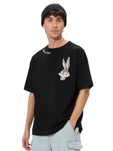 The Souled Store Bugs Bunny: WhatS Up Doc Men And Boys Short Sleeves Round Neck Black Graphic Printed Cotton Oversized T-Shirts