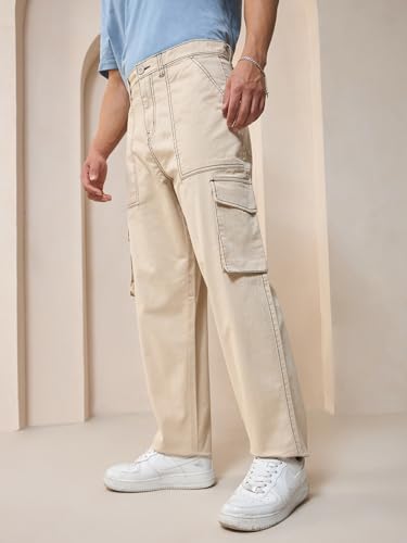 Bewakoof MenS Solid Oversized Fit Cotton Blend Cargo Pants