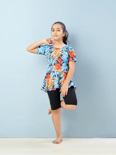 Aarika Girls Sports Wear Firozi-Black Colour Floral Print Nylon Swim Suit