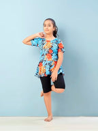 Aarika Girls Sports Wear Firozi-Black Colour Floral Print Nylon Swim Suit
