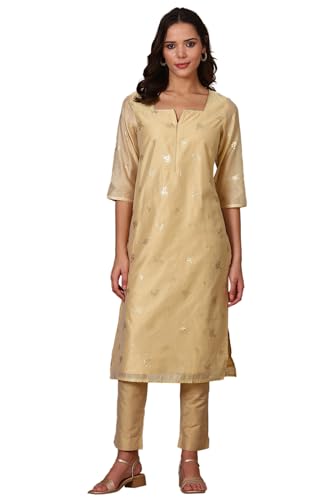 Beige Foil Printed Chanderi Straight Kurta (Size: Xl)-24Aua15484-507973