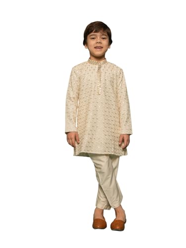 VASTRAMAY Boys Embroidered Kurta Pant Set with Gold-Trimmed Placket and Loafers Festive & Ethnic Wear